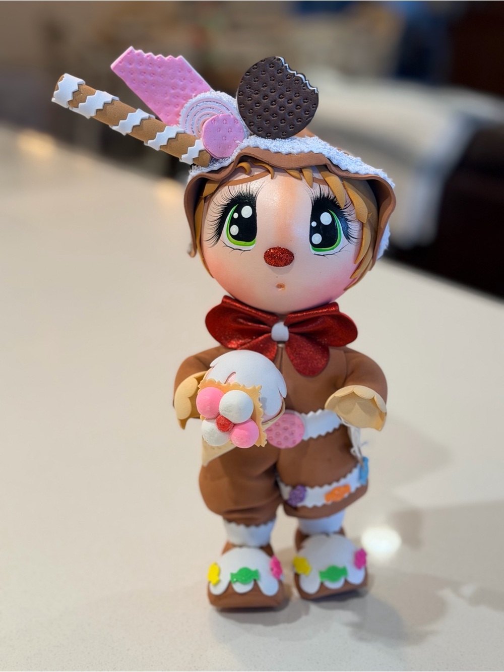 Cute Foam Brown Gingerbread Doll with Pink & Red Accents